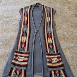 Chaps Women Southwest Sweater Vest Medium Long Cardigan Open‎ Knit Aztec Print